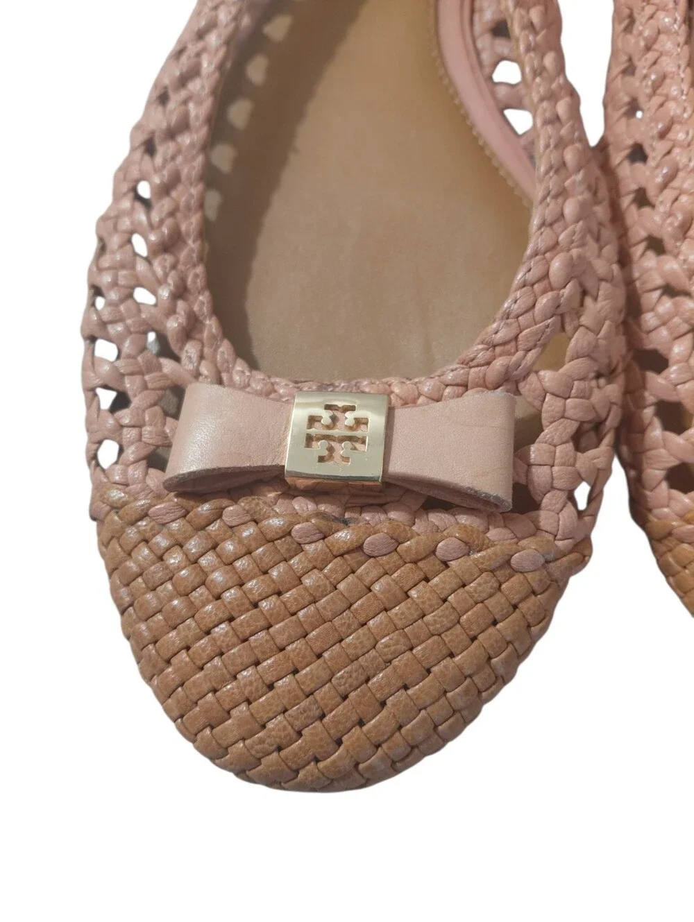 Tory Burch Carlyle Woven Bow Soft Pink Ballet Flats With Tan Cap Toes Sz 11